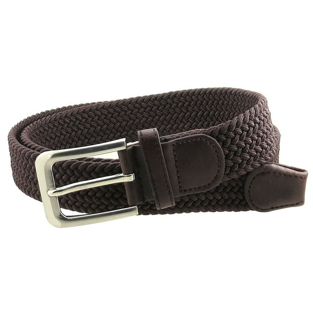 Mens Braided Elastic Stretch Belt Leather Tipped End and Silver Metal Buckle 